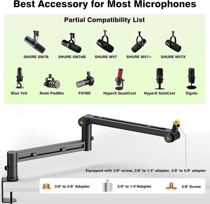 AA AUDIO ACCESSORY Low Profile Boom Arm (Design for Heavy Mic) 6.6lbs Load Capacity, Stable Gear Lock Structure Never Sags, Metal Microphone Stand Desk Mount for Shure SM7B MV7+, Blue Yeti,Rode PodMic - Image 2